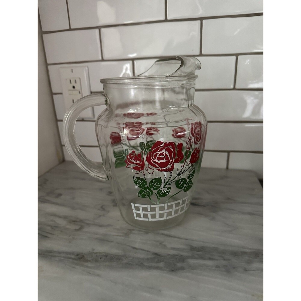 Vintage Glass Pitcher Red Roses White Picket Fence Ice Lip EXCELLENT! 9’’ MCM